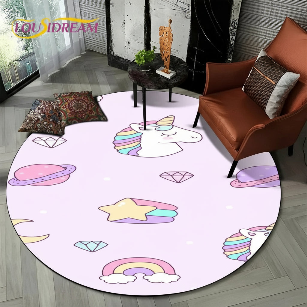 Children Unicorn, Animal 3D Cartoon Round Area Rug. Non-slip Floor Mat.