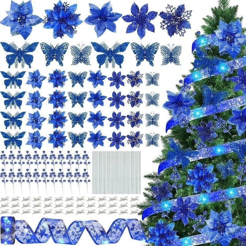 Blue Artificial Flowers Christmas Tree Decoration: Glitter Star Light, Berries, Snowflakes and Bow.