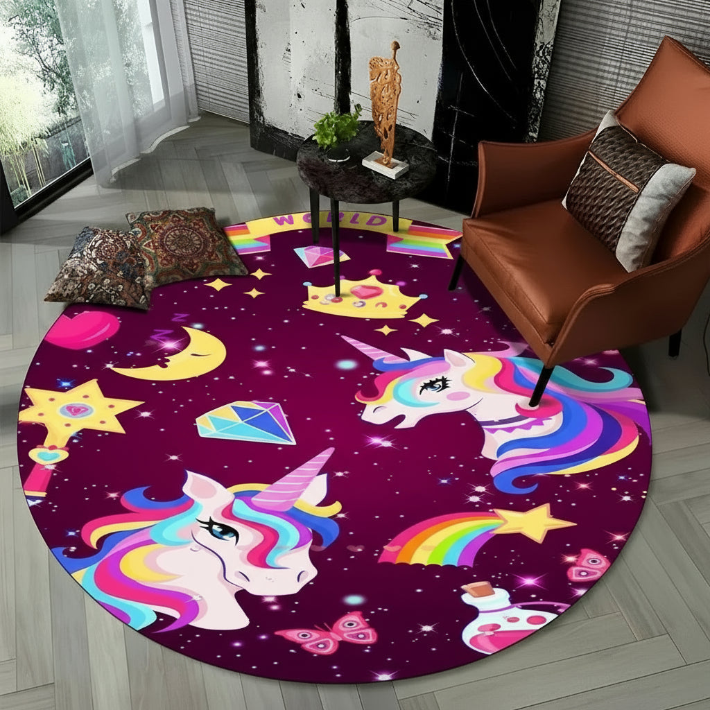 Children Unicorn, Animal 3D Cartoon Round Area Rug. Non-slip Floor Mat.