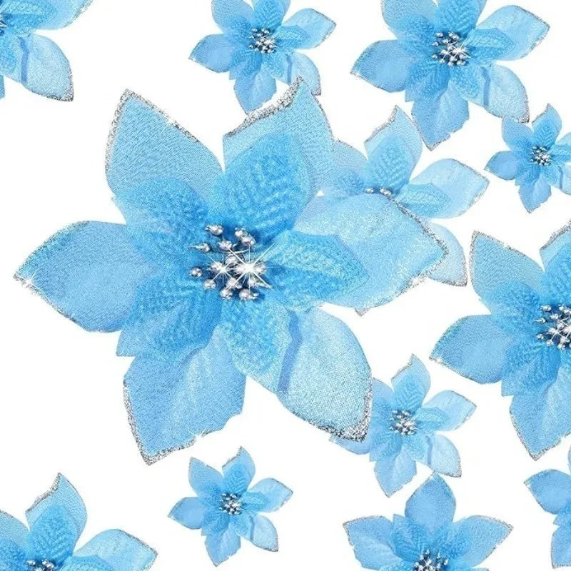 Blue Artificial Flowers Christmas Tree Decoration: Glitter Star Light, Berries, Snowflakes and Bow.