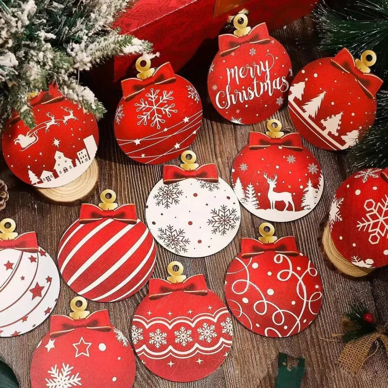 12PCS Red White, 2d,Flat,  Wooden Christmas Ball Ornaments.