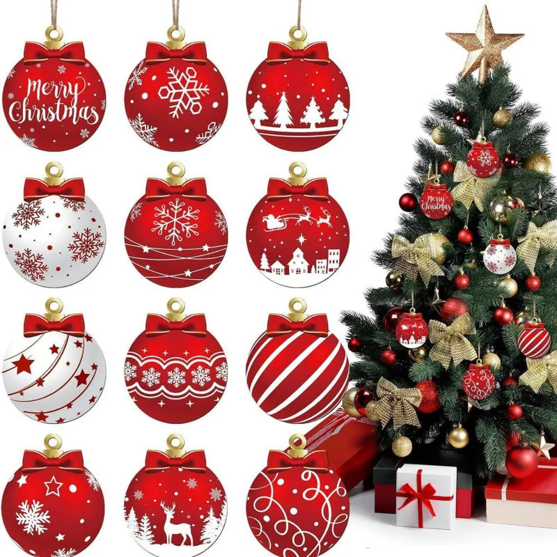 12PCS Red White, 2d,Flat,  Wooden Christmas Ball Ornaments.