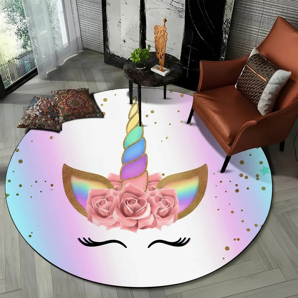Children Unicorn, Animal 3D Cartoon Round Area Rug. Non-slip Floor Mat.