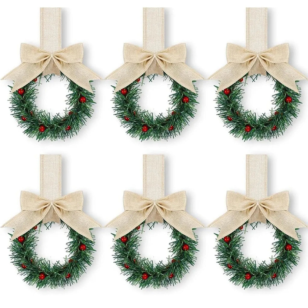 6PCS Christmas Home Wreaths With Plaid Bow Ribbon. Hanging Cabinet Doors Wreath.