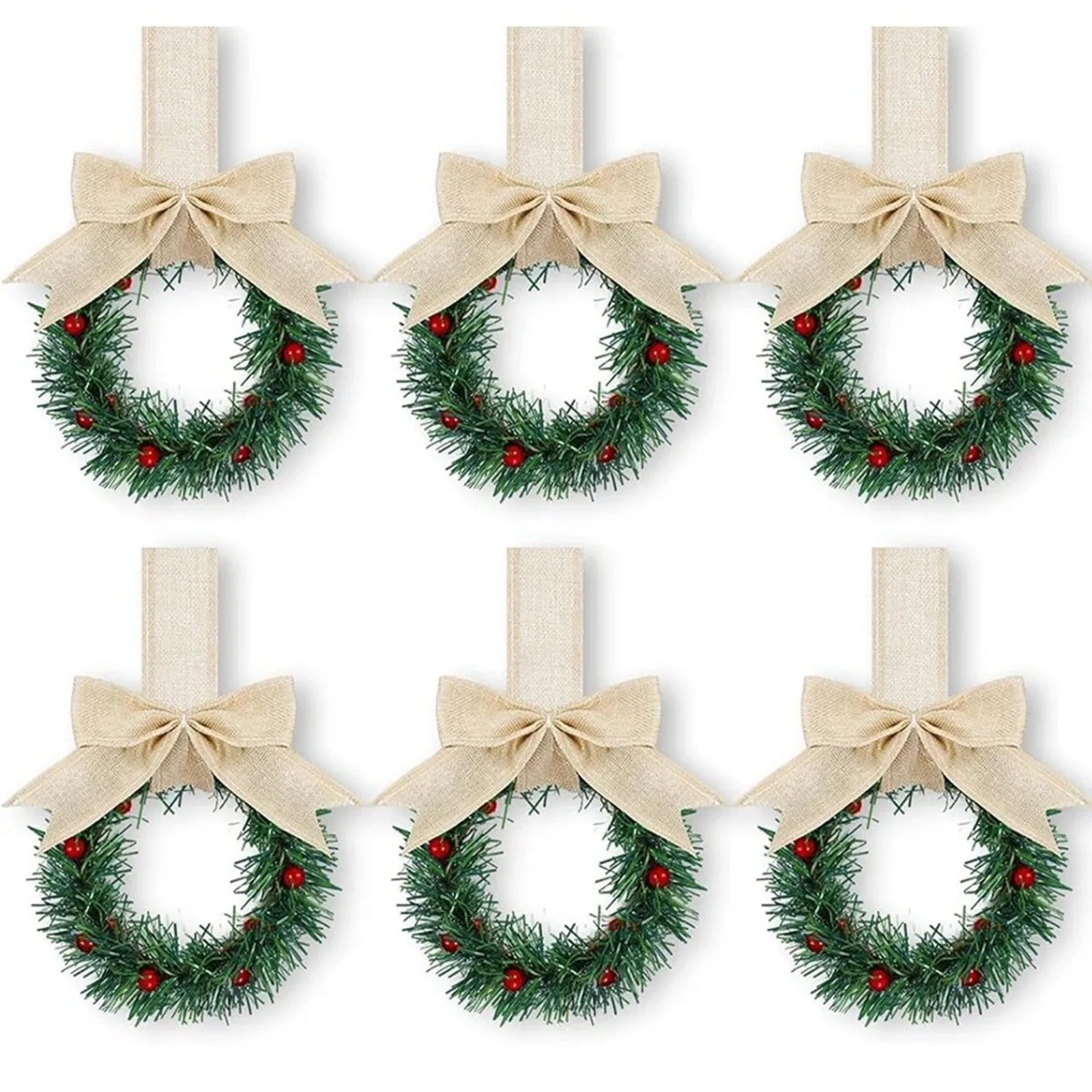 6PCS Christmas Home Wreaths With Plaid Bow Ribbon. Hanging Cabinet Doors Wreath.