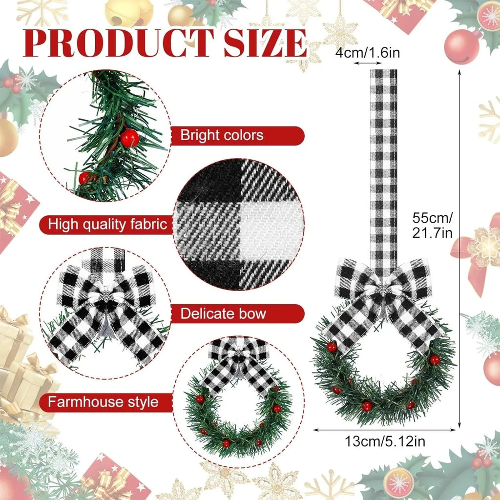 6PCS Christmas Home Wreaths With Plaid Bow Ribbon. Hanging Cabinet Doors Wreath.