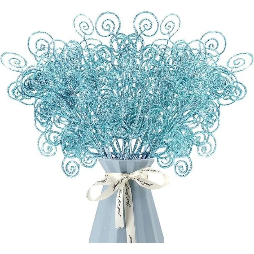 Blue Artificial Flowers Christmas Tree Decoration: Glitter Star Light, Berries, Snowflakes and Bow.