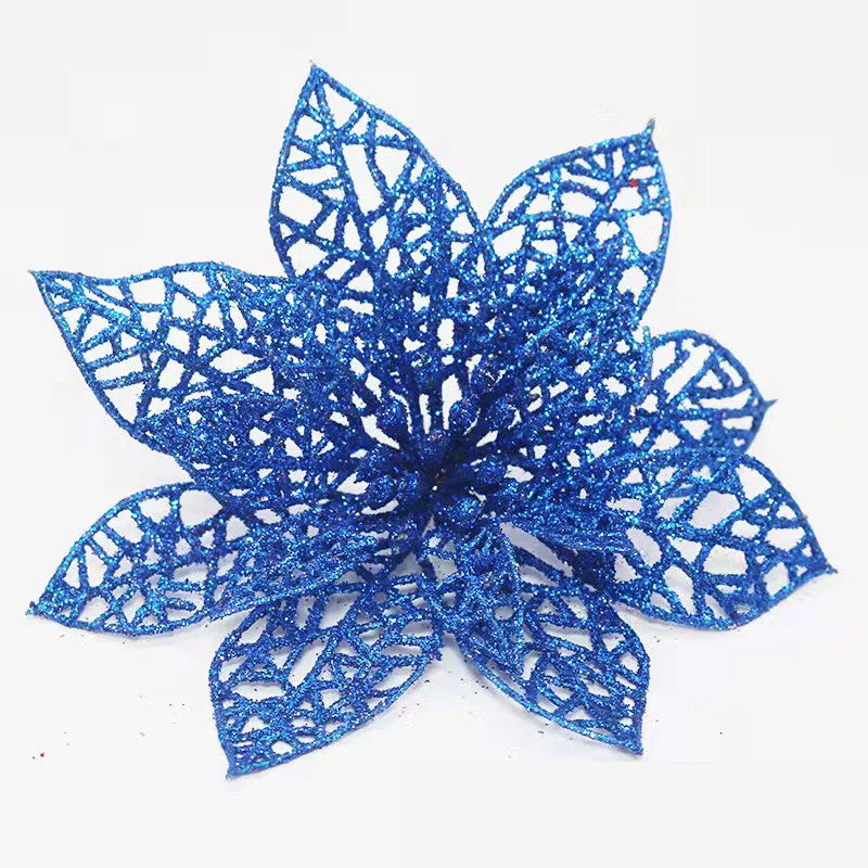 Blue Artificial Flowers Christmas Tree Decoration: Glitter Star Light, Berries, Snowflakes and Bow.