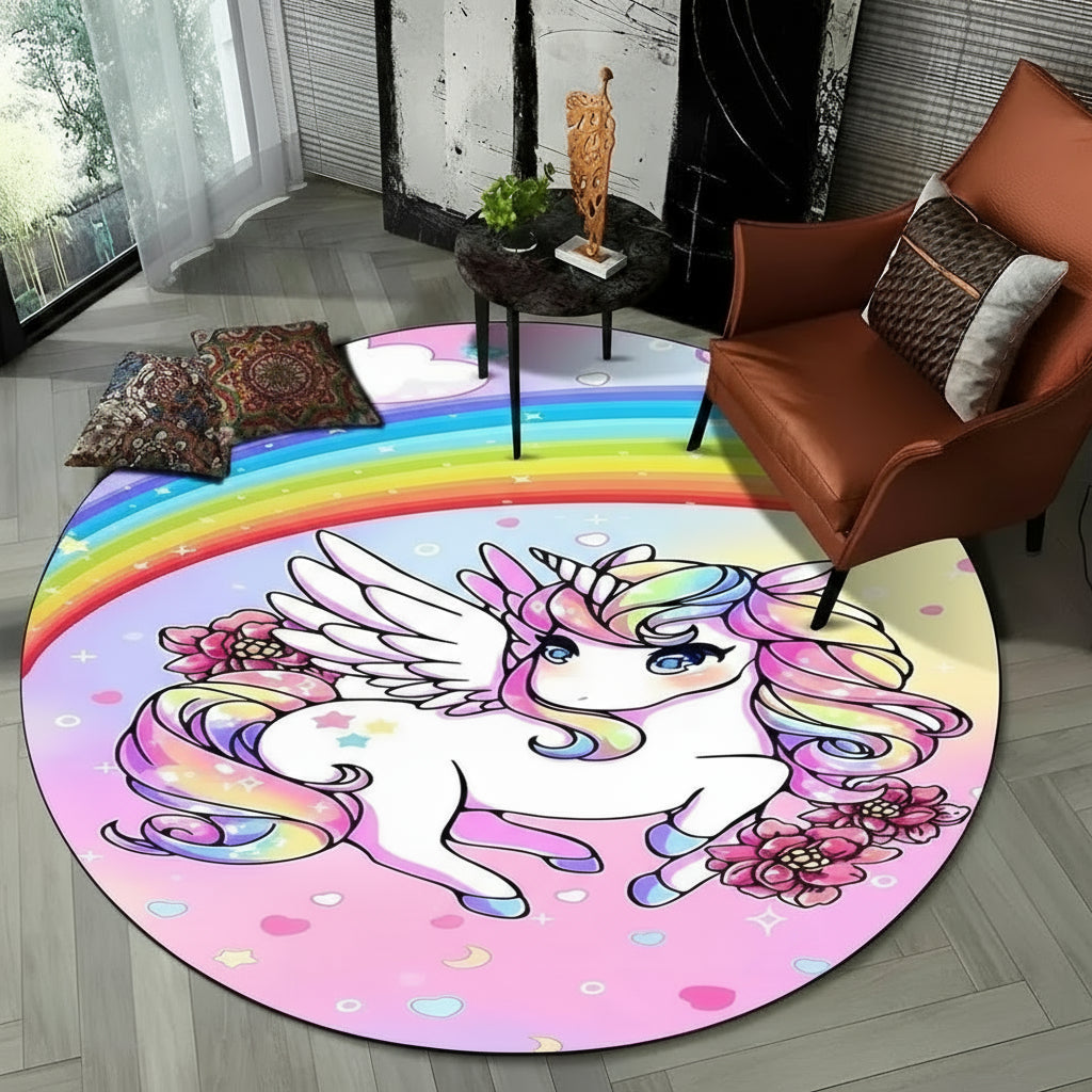 Children Unicorn, Animal 3D Cartoon Round Area Rug. Non-slip Floor Mat.