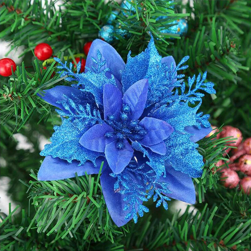 Blue Artificial Flowers Christmas Tree Decoration: Glitter Star Light, Berries, Snowflakes and Bow.
